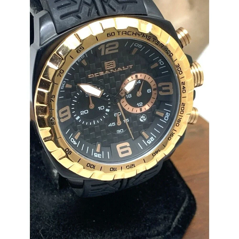 Oceanaut Men's Watch OC1121 Quartz Chronograph Gold Black Dial Rubber Band 47mm